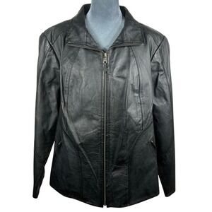 Genuine Leather‎ Jacket Plus 16-18W Black Full Zip Lined Minimalist Patina Retro